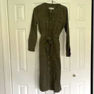 Loft Size 0 Olive Green Corduroy Button and Belted Midi Dress